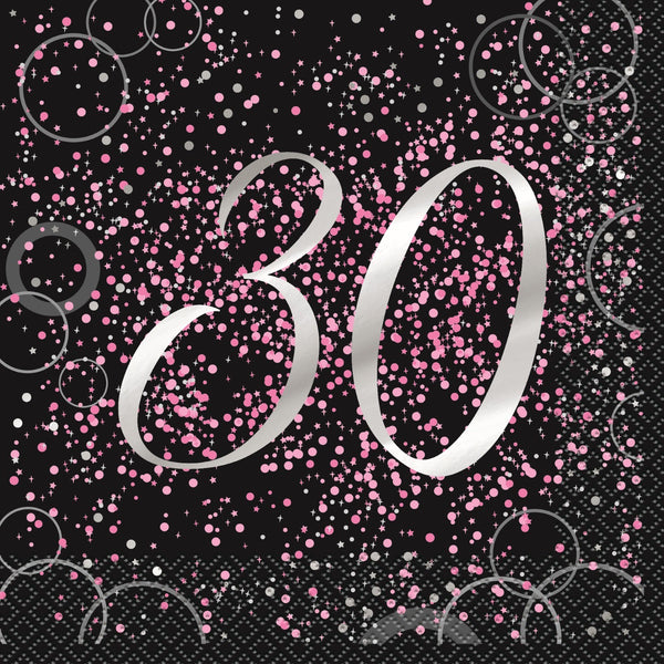 GLITZ PINK 16 FOIL STAMPED "30" LUNCHEON NAPKINS 2PLY 33CM X 33CM (13" X 13")